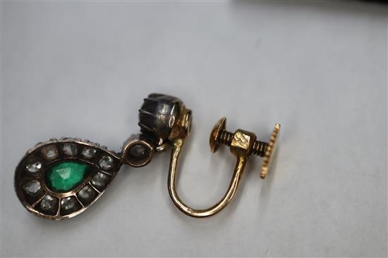 A pair of 19th century, yellow and white metal, emerald and diamond drop earrings, 17mm.